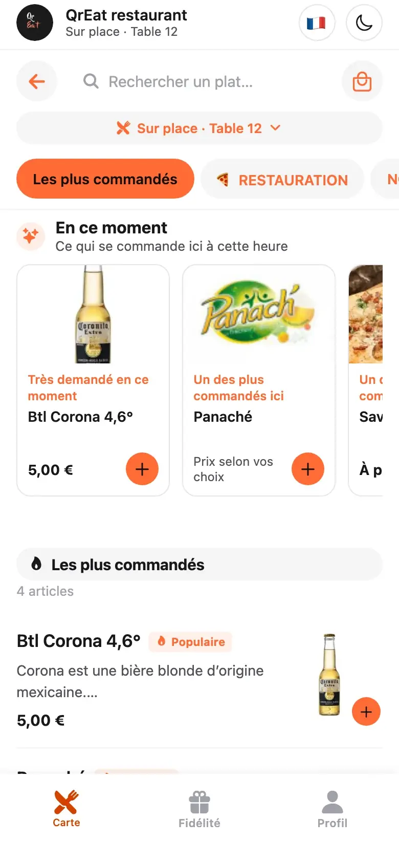 Carte du restaurant dans l’application QrEat, avec les suggestions du moment