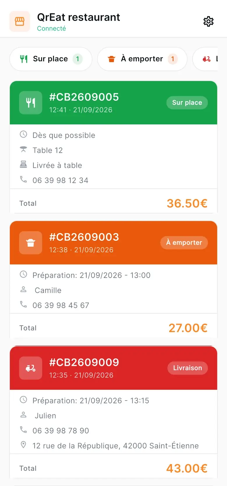 Application restaurateur : commandes à préparer sur place, à emporter et en livraison