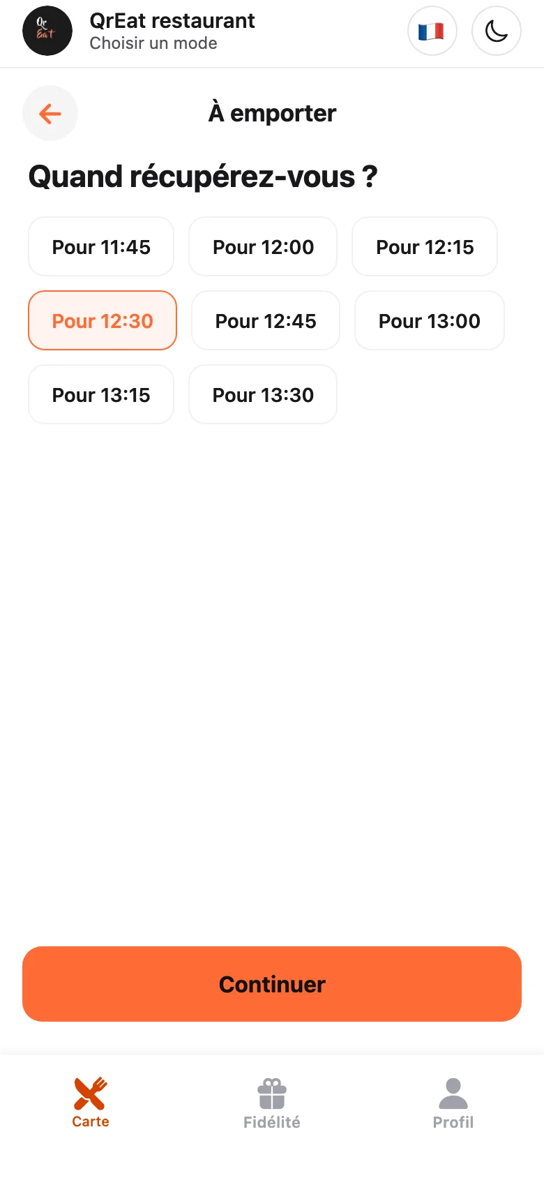 Choix de l’heure de retrait dans l’app