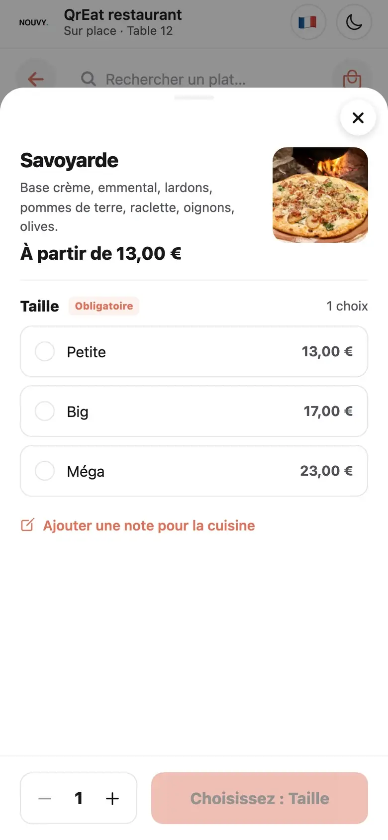Fiche d’une pizza avec le choix de la taille