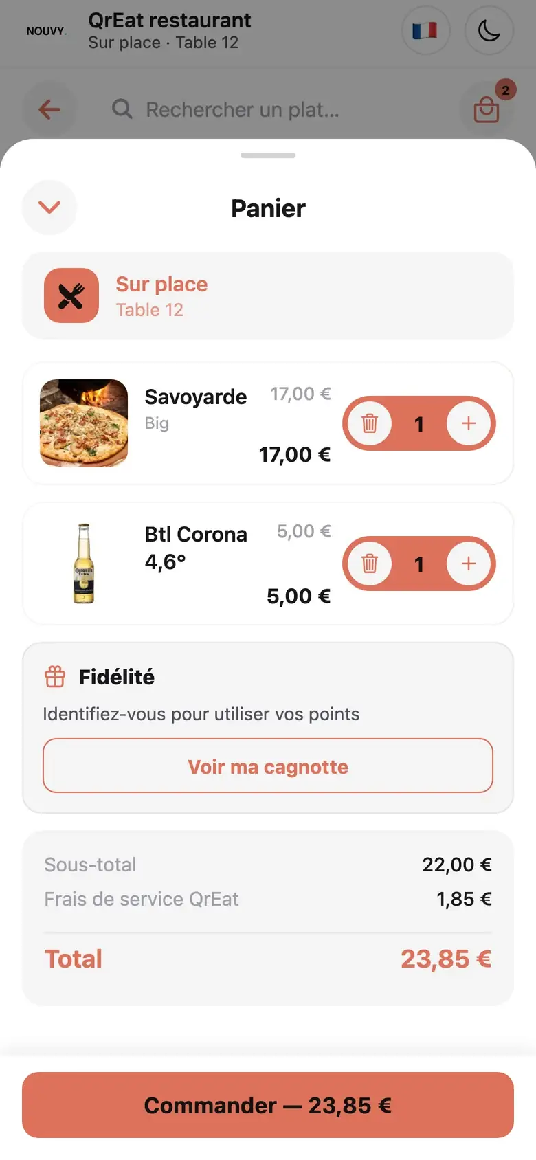 Panier QrEat avec une pizza, une boisson et le total à payer