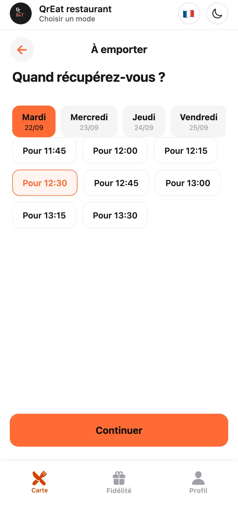 Choix du jour puis de l’heure de retrait