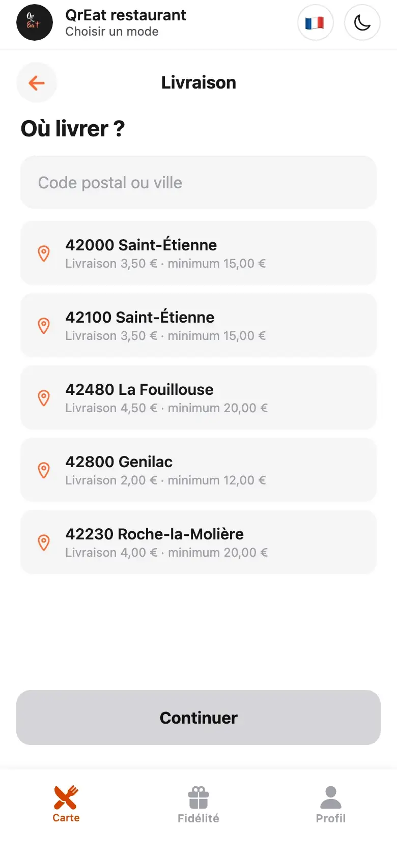 Choix de la zone de livraison dans l’app, avec frais et minimum