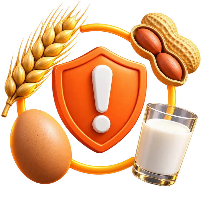 Blé, arachide, œuf et lait autour d’un bouclier d’alerte
