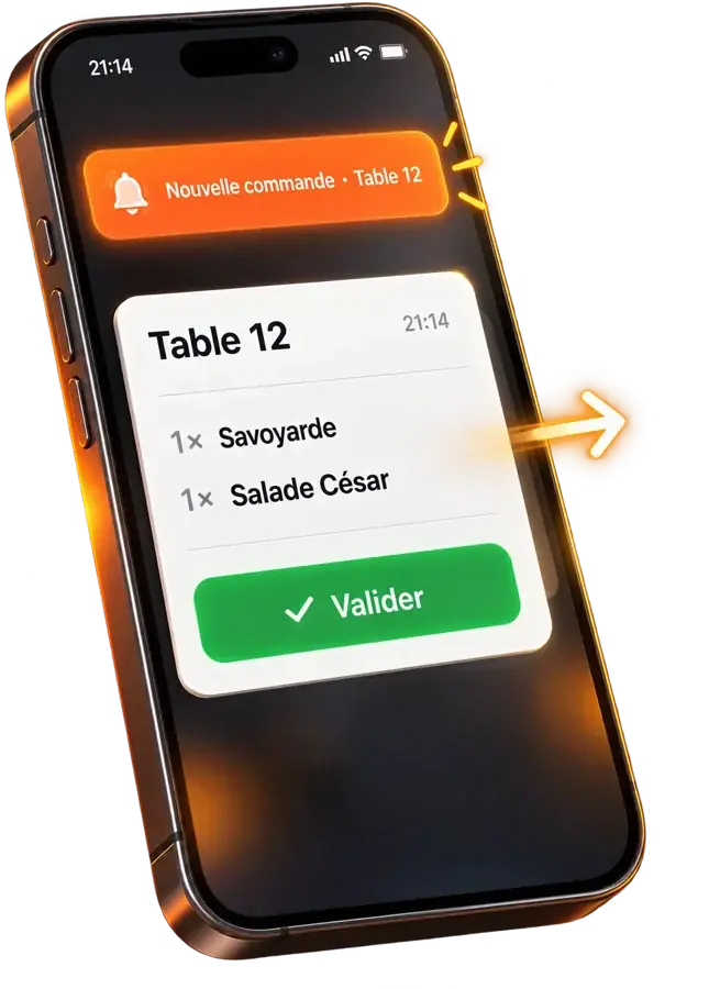 Application restaurateur : notification « Nouvelle commande · Table 12 » et bouton Valider