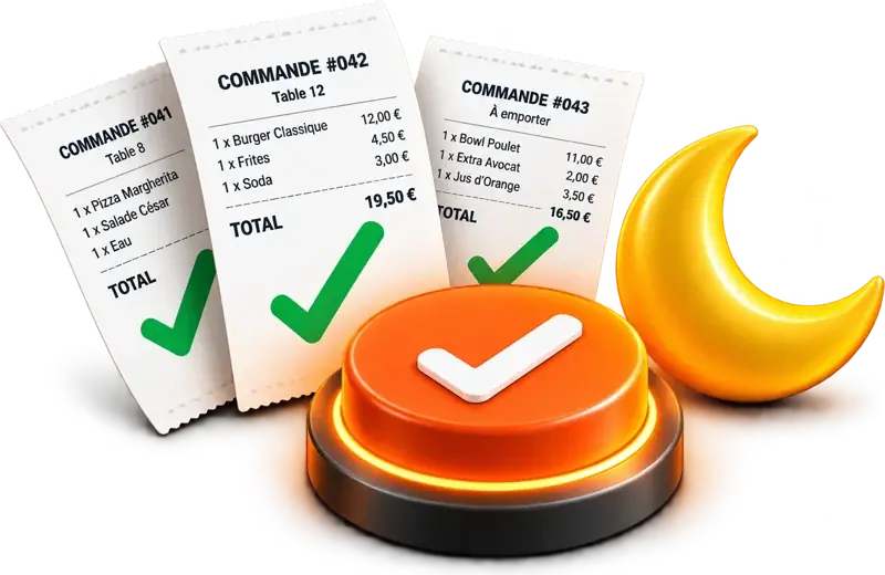 Tickets de commande validés, bouton de clôture et lune