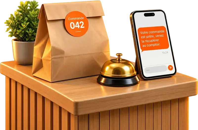 Sac « Commande 042 » sur le comptoir et SMS « commande prête »