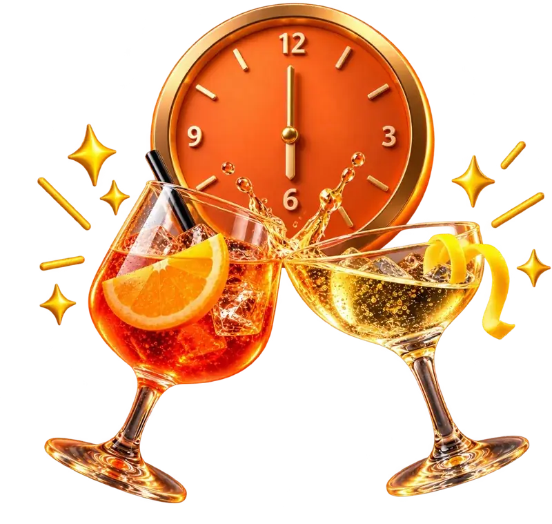 Deux verres qui trinquent devant une horloge