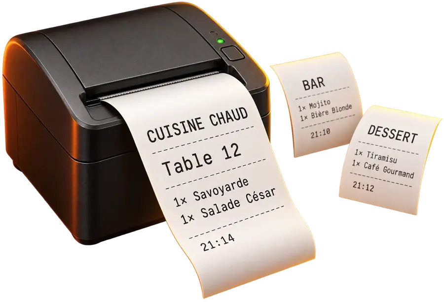 Imprimante thermique qui sort un ticket « Cuisine chaud · Table 12 », à côté des tickets Bar et Dessert