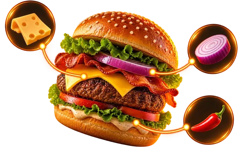 Burger avec ses suppléments fromage, oignon et piment