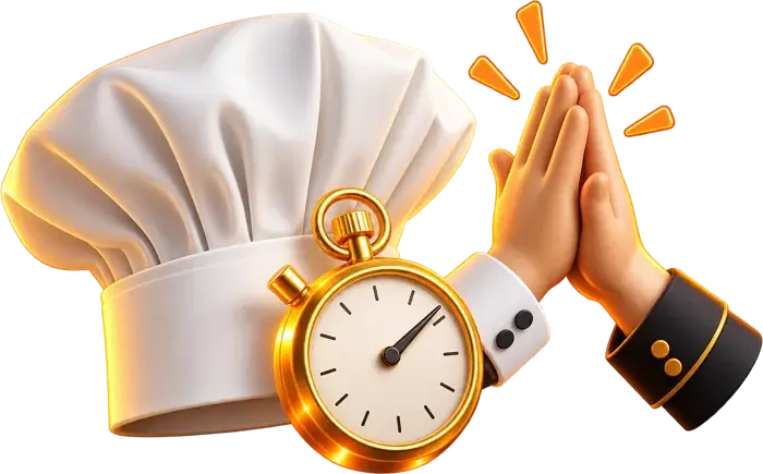 Toque de chef, chronomètre et mains qui se tapent dans la main