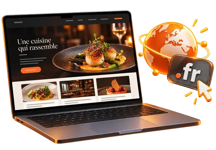Ordinateur portable affichant un site de restaurant, globe et « .fr »