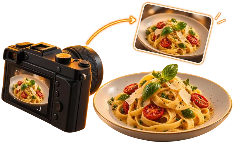 Appareil photo et assiette de pâtes