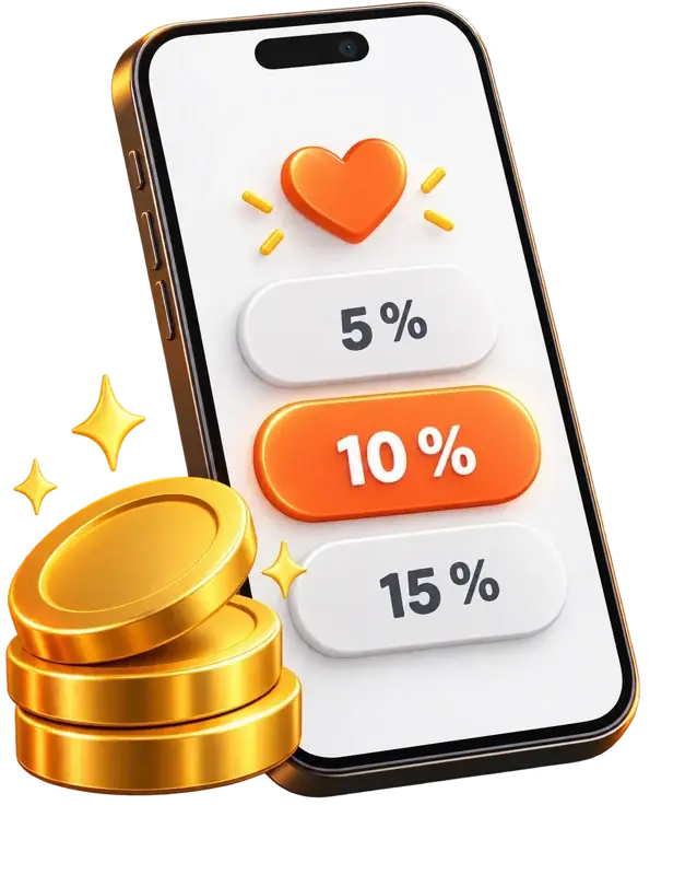 Smartphone proposant un pourboire de 5, 10 ou 15 %, et pièces dorées