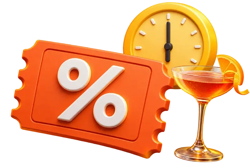 Ticket de réduction, horloge et cocktail