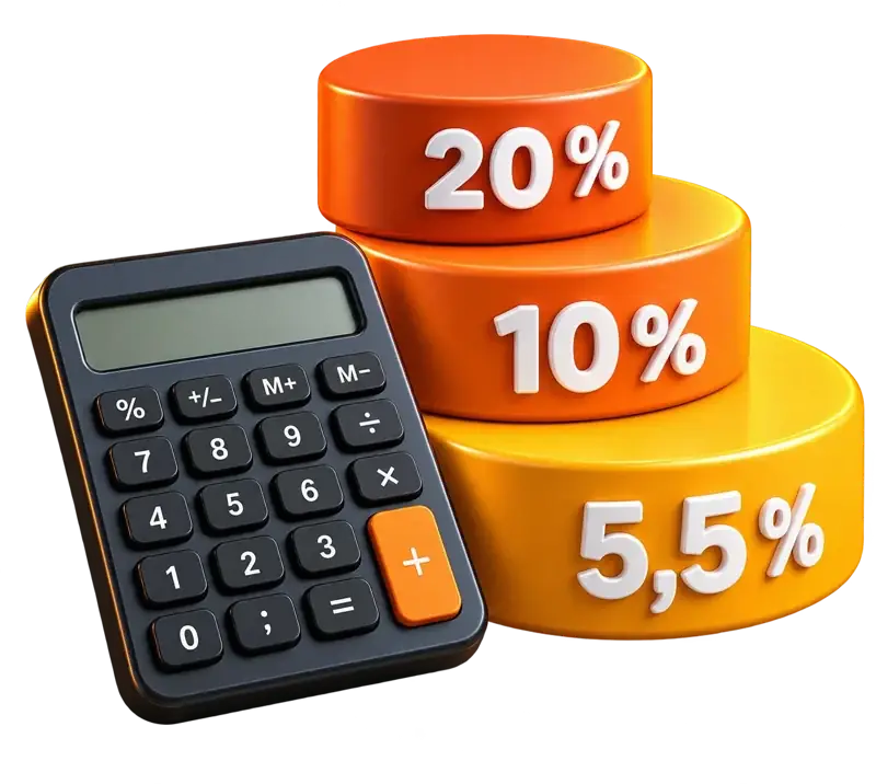 Calculatrice et taux de TVA 5,5 %, 10 % et 20 %