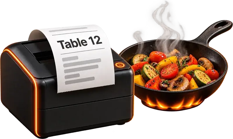 Imprimante en cuisine qui sort le ticket « Table 12 »