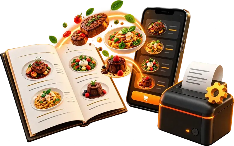 Carte papier dont les plats passent sur le téléphone, et imprimante paramétrée