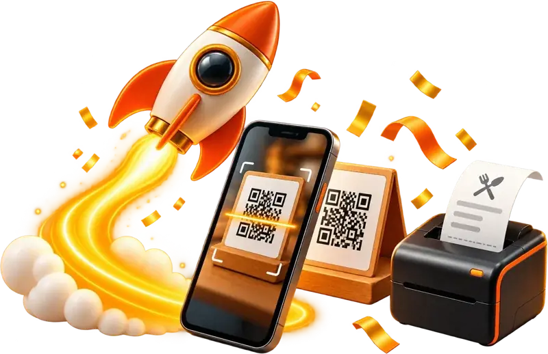 Premier scan : fusée, téléphone qui scanne le QR code et ticket imprimé