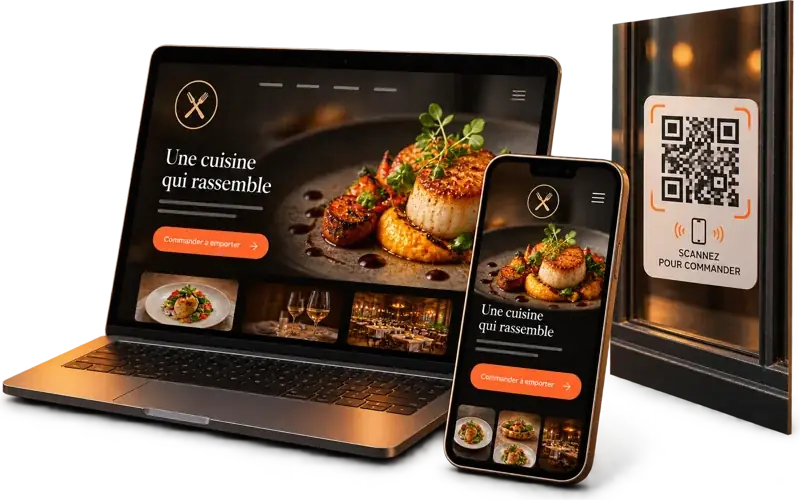 Site du restaurant sur ordinateur et téléphone, et QR code en vitrine