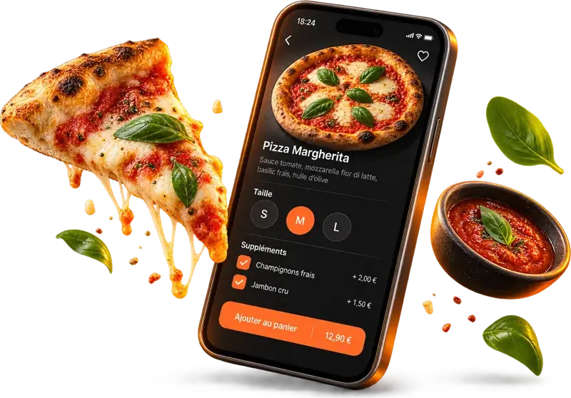 Fiche d’une pizza avec le choix de la taille et des suppléments