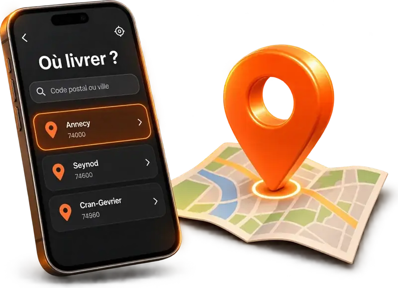 Choix de la zone de livraison et épingle sur une carte