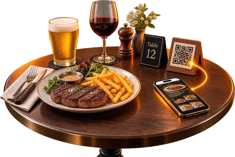 Table de brasserie avec steak-frites, chevalet QR code et téléphone