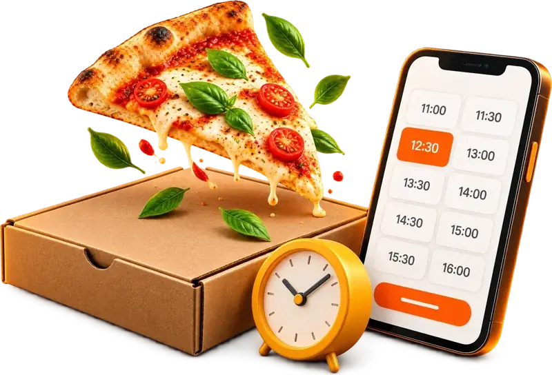 Boîte à pizza, part de pizza et choix du créneau de retrait