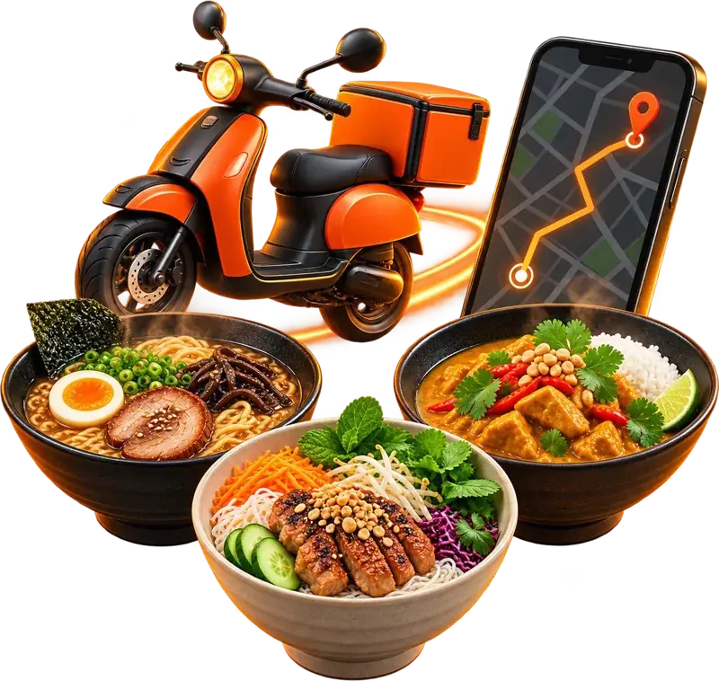 Bols de ramen, curry et bo bun, scooter et suivi de livraison