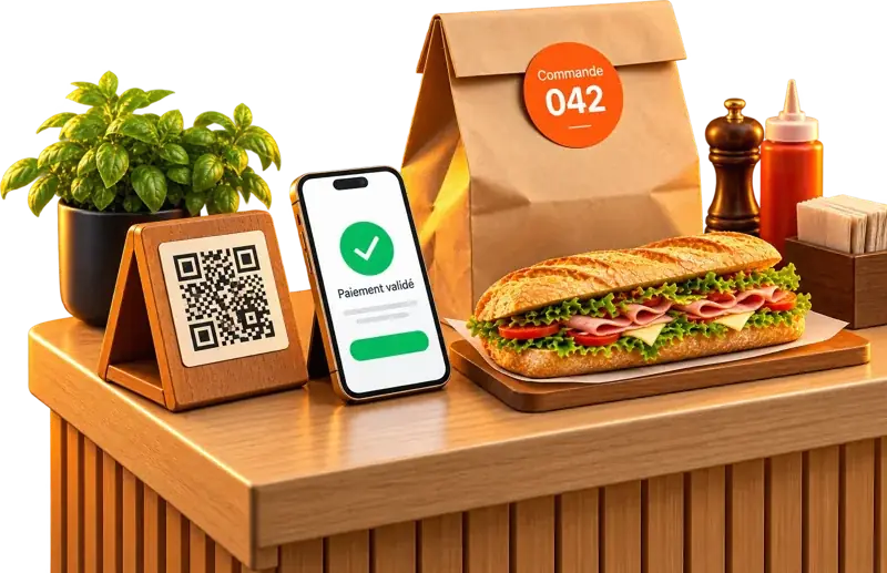Comptoir de sandwicherie avec QR code, paiement validé et sac de commande