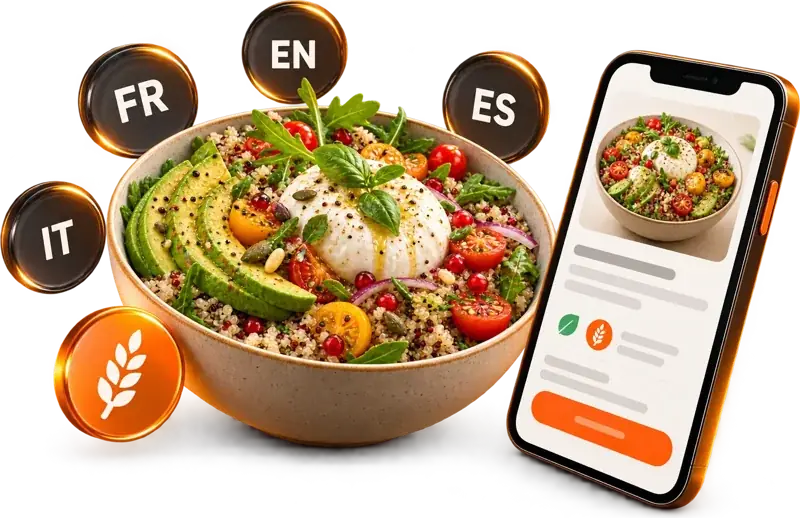 Salade, pastilles FR EN ES IT et allergène sur la fiche du plat